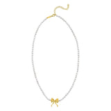14K yellow gold bow necklace with 1 pear pearl stone thumbnail 1