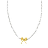 14K Yellow Gold Bow and Pearl Necklace thumbnail 2