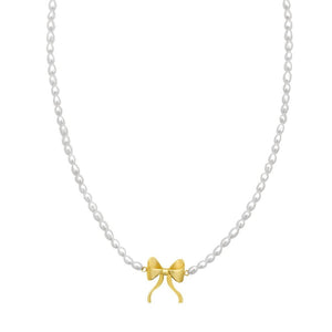 14K Yellow Gold Bow and Pearl Necklace