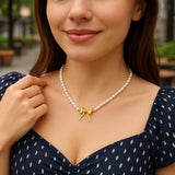 14K Yellow Gold Bow and Pearl Necklace thumbnail 4
