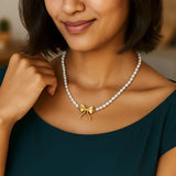 14K Yellow Gold Bow and Pearl Necklace thumbnail 6