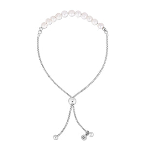 Sterling Silver Rhodium Plated Friendship Freshwater Pearl Drawstring Bracelet