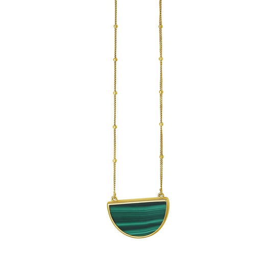 14K yellow gold half moon necklace with geometric malachite stone
