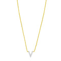 14K yellow gold V initial pendant necklace with a single diamond accent