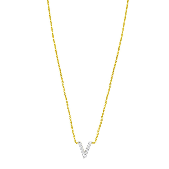 14K Yellow Gold Mini Diamond V Initial Pendant Necklace