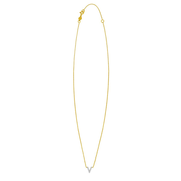 14K Yellow Gold Mini Diamond V Initial Pendant Necklace