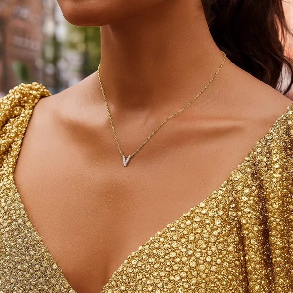 14K Yellow Gold Mini Diamond V Initial Pendant Necklace