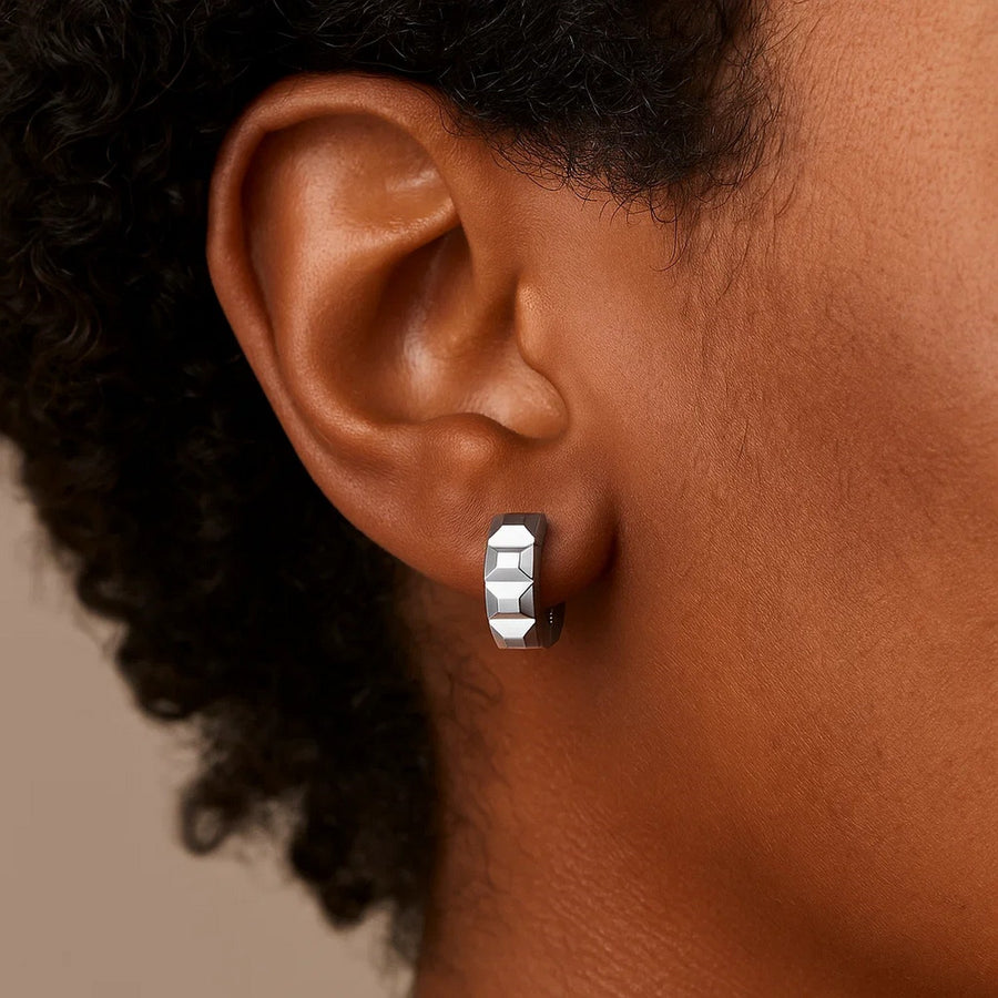 14K White Gold Square Motif Faceted Huggie Earrings