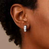 14K White Gold Square Motif Faceted Huggie Earrings