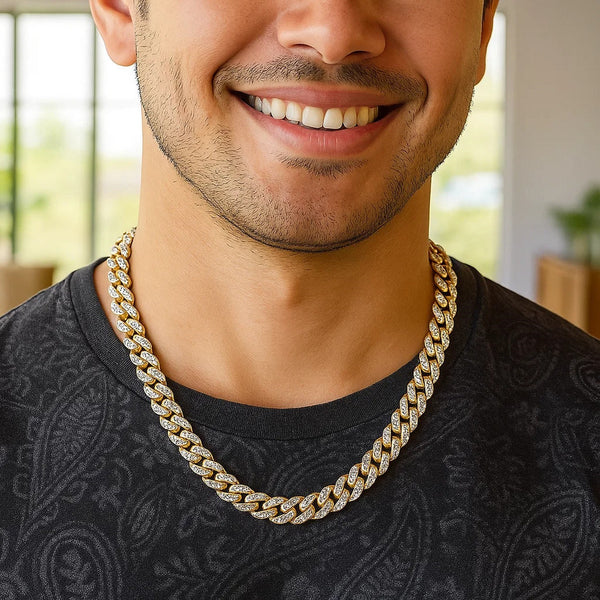 14k Two Tone Gold Miami Cuban Chain Necklace with White Pave
