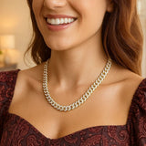 14k Two Tone Gold Miami Cuban Chain Necklace with White Pave thumbnail 8