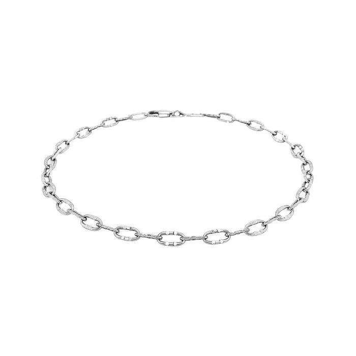 14k White Gold Anklet with Fancy Hammered Oval Links