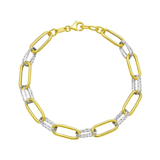 14K two-tone gold paperclip bracelet with 6.20 mm alternating white and yellow links