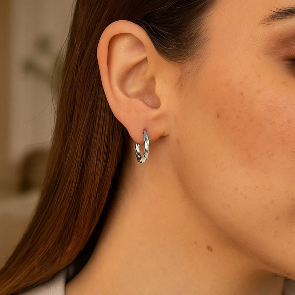 Sterling Silver Polished Twist Design Hoop Earrings