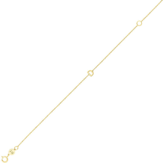 14K yellow gold mini initial D bracelet on a slim cable chain