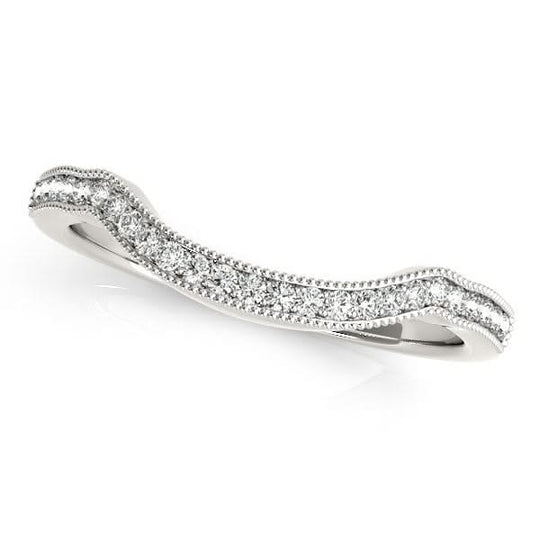 14K white gold ring with round diamond stones in a curved pave band