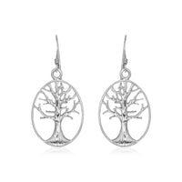 Sterling Silver Oval Round Tree of Life Earrings