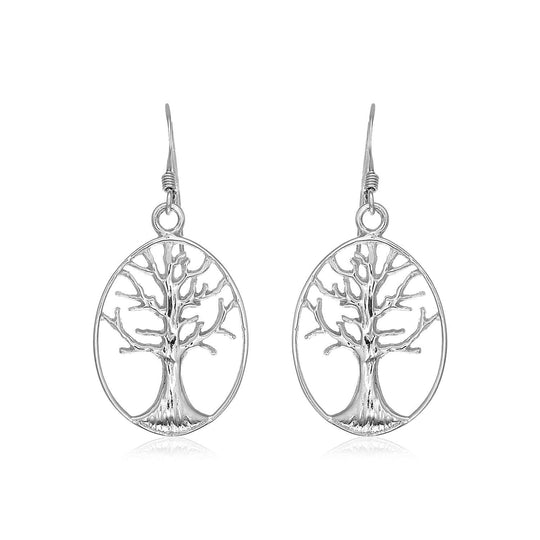 Sterling Silver Oval Round Tree of Life Earrings