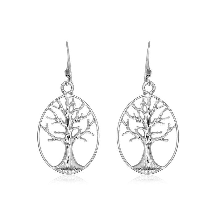 Sterling Silver Oval Round Tree of Life Earrings