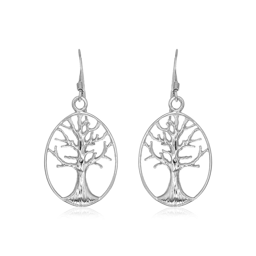Sterling Silver Oval Round Tree of Life Earrings