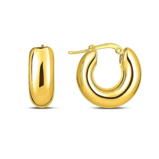 14K yellow gold small puffy click hoops with a rounded hollow profile