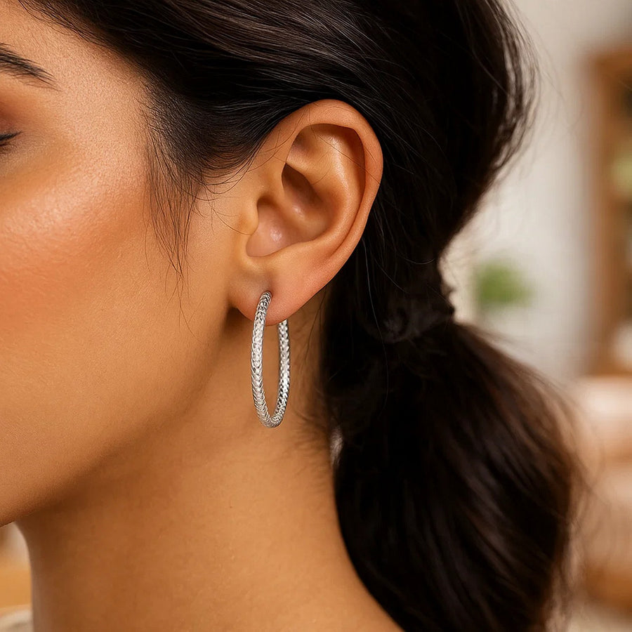Sterling Silver Large Hoop Earrings with Braid Texture