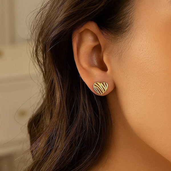 14K Yellow Gold High Polish Scribble Heart Stud Earrings