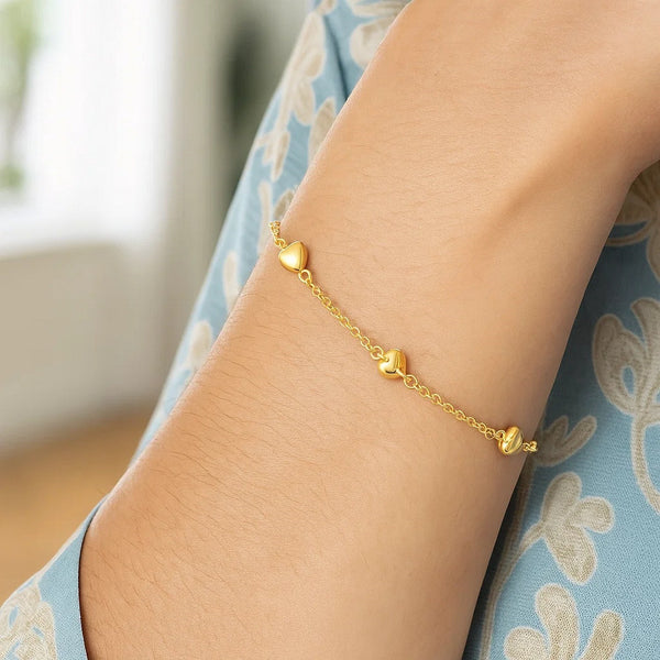 14k Yellow Gold Rolo Chain Bracelet with Puffed Heart Stations (3.30 mm)
