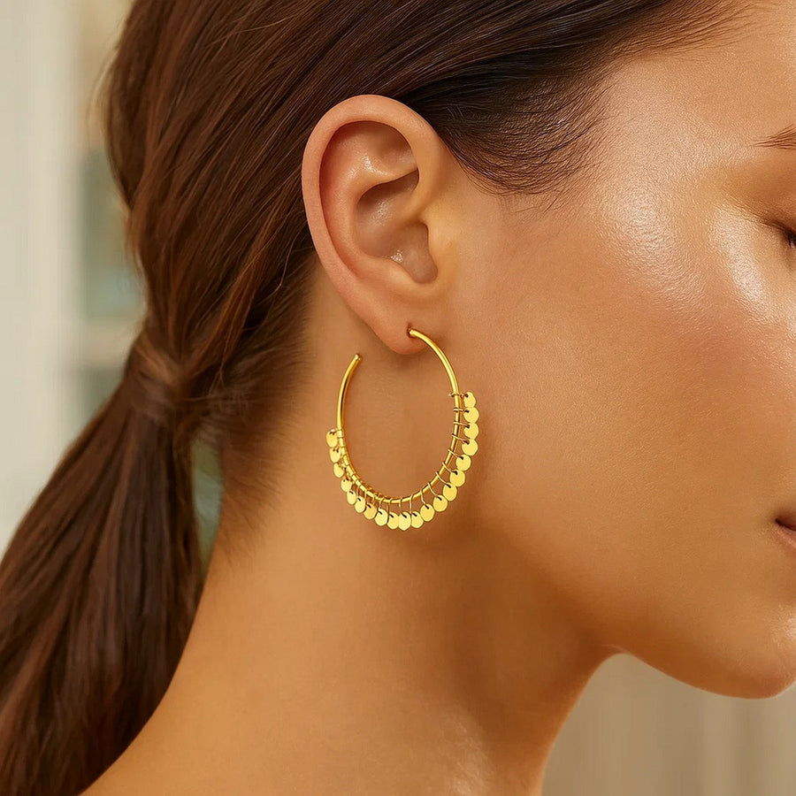 14k Yellow Gold Hoop Style Earrings with Dangling Sequins