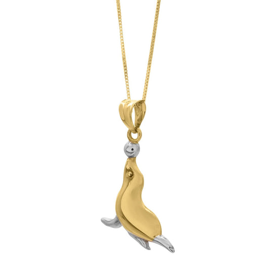 10K two-tone gold seal pendant necklace with raised motif
