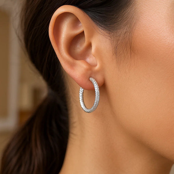 Sterling Silver Large Hoop Earrings with Braid Texture