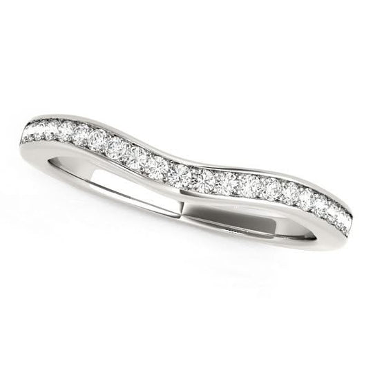 14K white gold curved wedding band with round diamond stones