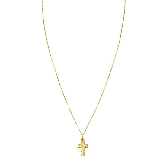 14K yellow gold cross necklace with diamond-cut faceted surface