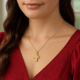 14K Yellow Gold Diamond Cut Cross Necklace thumbnail 3