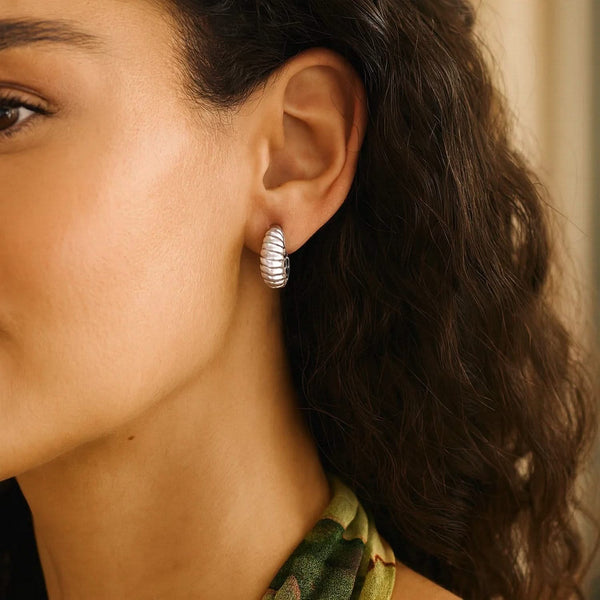 Sterling Silver Rhodium Plated Small Ribbed Twisted Hoop Earrings