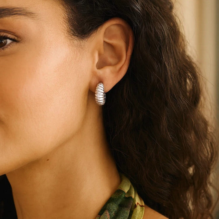 Sterling Silver Rhodium Plated Small Ribbed Twisted Hoop Earrings