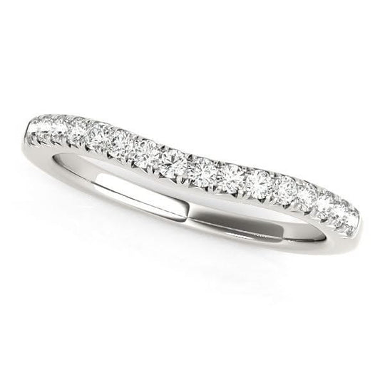 14K white gold curved wedding band with pave round diamond stones