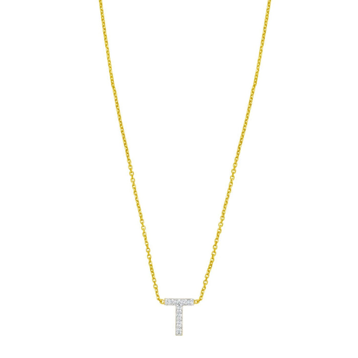 14K Yellow Gold Mini Diamond T Initial Pendant Necklace