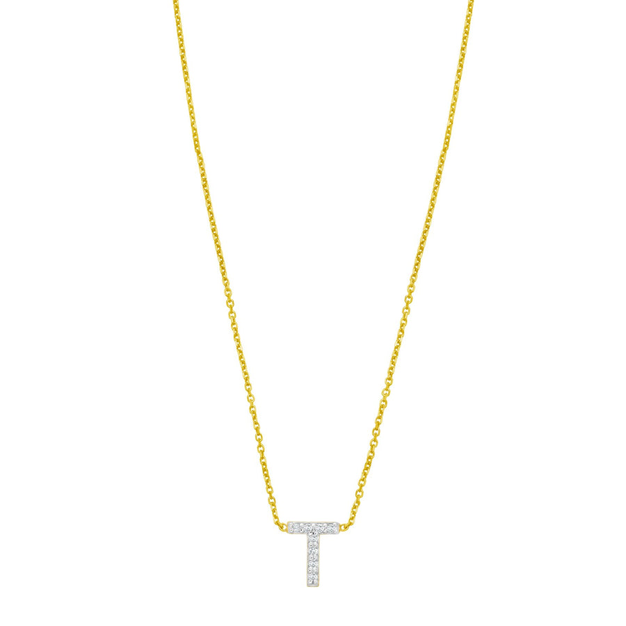 14K Yellow Gold Mini Diamond T Initial Pendant Necklace