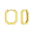 14K yellow gold hexagon hoop earrings with clean geometric faceted edges