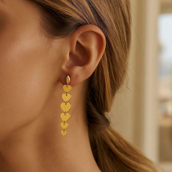 14K Yellow Gold Heart Drop Earrings