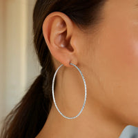 Sterling Silver Large Textured Round Hoop Earrings