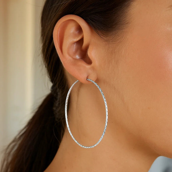 Sterling Silver Large Textured Round Hoop Earrings