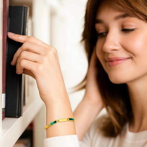 14K Yellow Gold Malachite Rectangle Links Bracelet (3.50 mm)