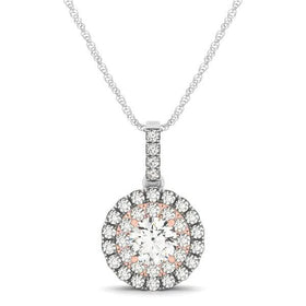 14K rose gold pendant with round diamond stones in a halo setting
