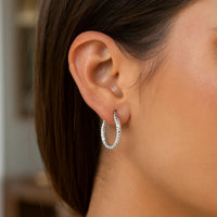 Sterling Silver Faceted Style Hoop Earrings with Rhodium Finishing