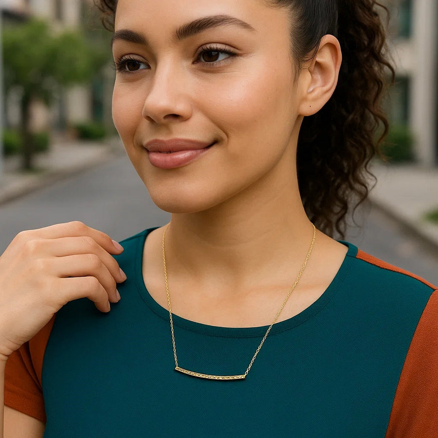 14k Yellow Gold Thin Textured Bar Necklace