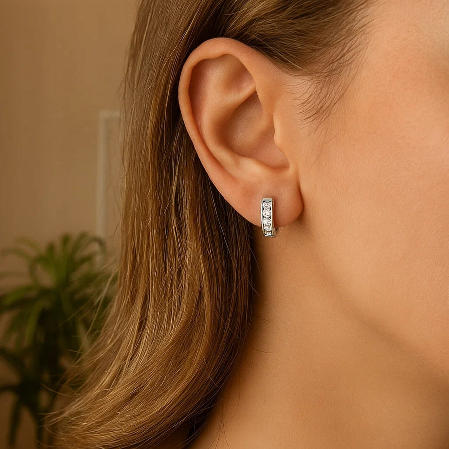 Sterling Silver Petite Hoop Earrings with Cubic Zirconias(3x10mm)