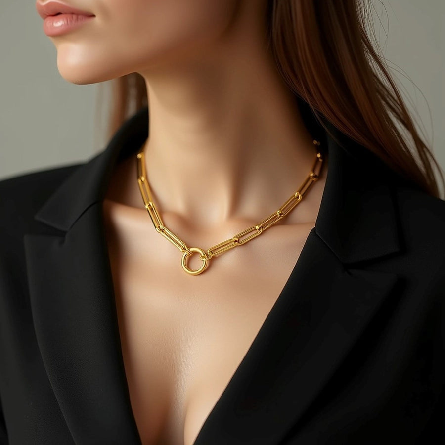 14k Yellow Gold High Polish Elongated Paperclip Chain Circle Necklace