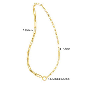 14k Yellow Gold High Polish Elongated Paperclip Chain Circle Necklace